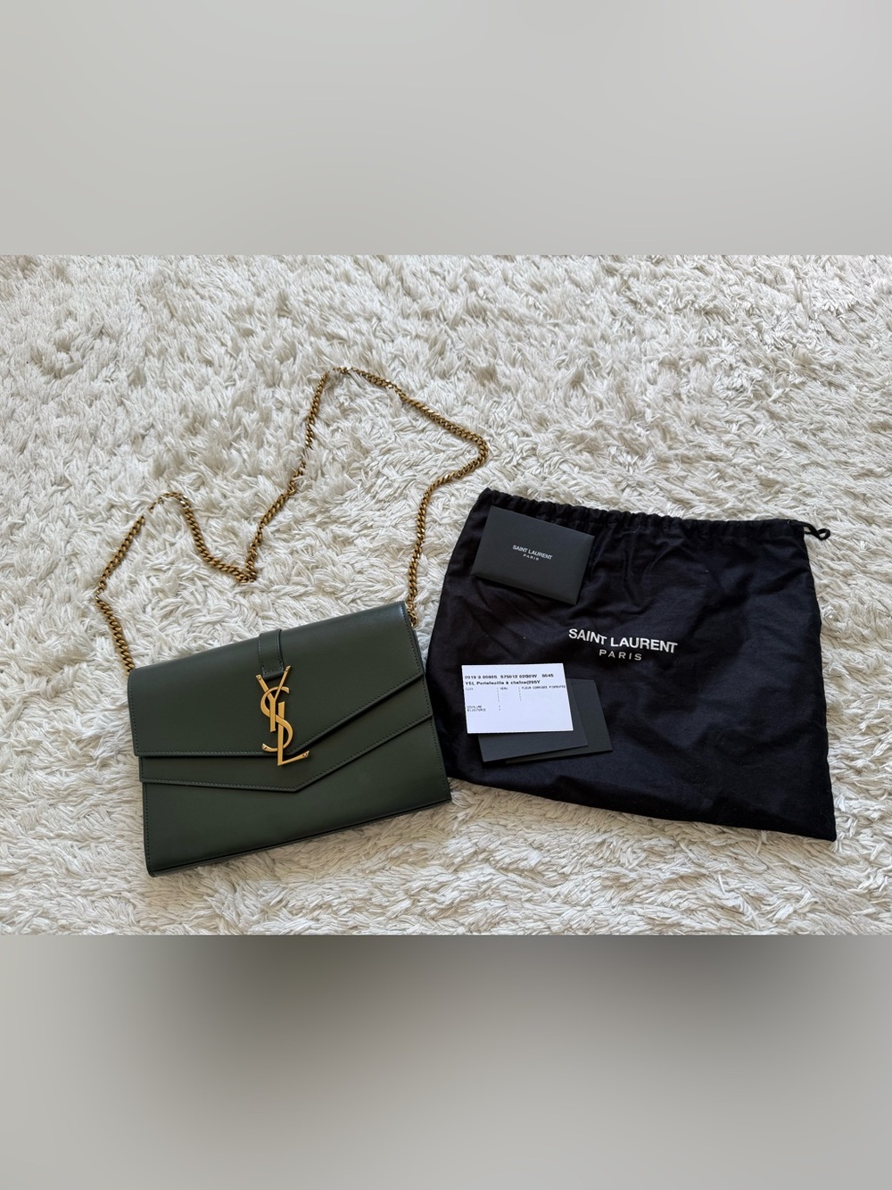 Saint Laurent Dark Green Leather Envelope Chain Bag with Gold Hardware